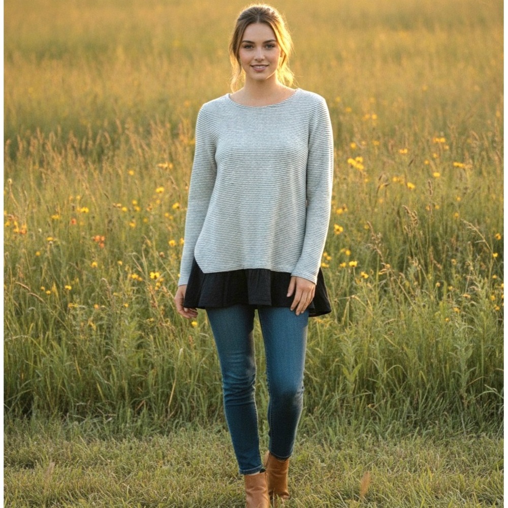 Mystree Tunic Sweater Top Long Sleeve Stripe Large White Navy Knit Mix Media